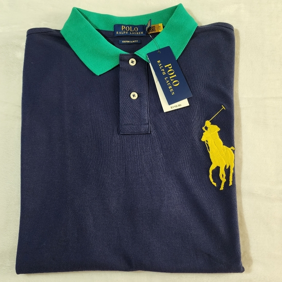 Men's POLO RALPH LAUREN Navy Blue Mesh Contrast Trim POLO Shirt/Custom slim fit - Picture 2 of 8